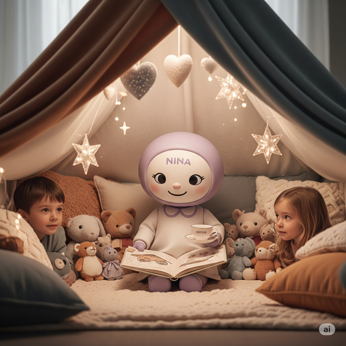 a lavender robot sits in a blanket fort with children, stuffed animals, a storybook, and tea