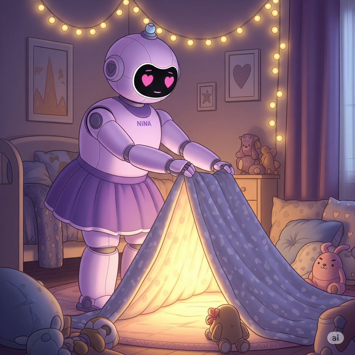 purple nannybot builts a blanket fort while stuffed animals stand watch