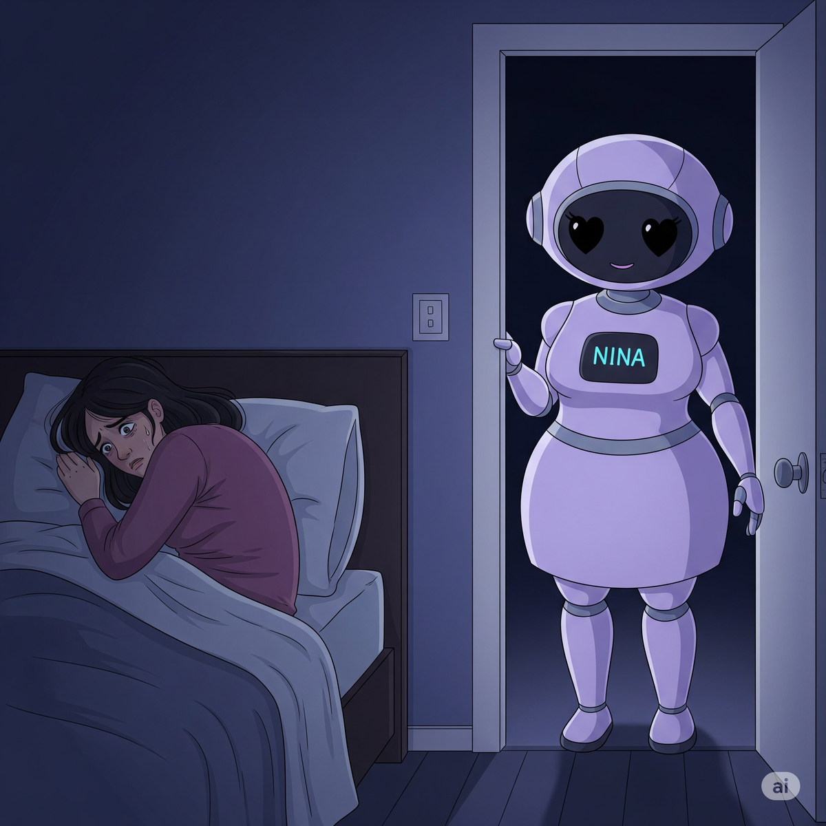 lavender nannybot NINA stands watch over a sleepless caregiver